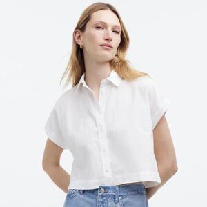 Madewell Top Sz Small White Crop Dolman Shirt Button Up Cotton Lyocell Linen NWT